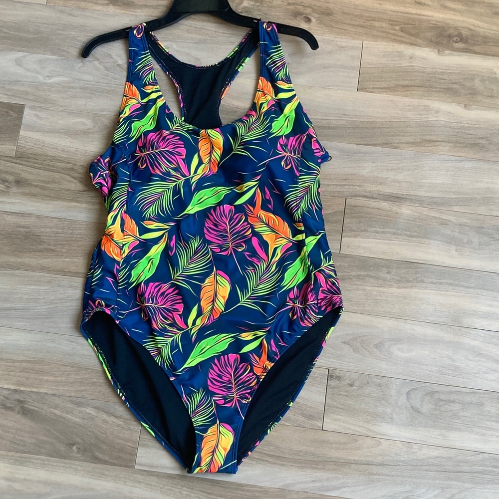 Nicole Miller one piece racerback swimsuit tropical floral and palm print 2X - Picture 13 of 15